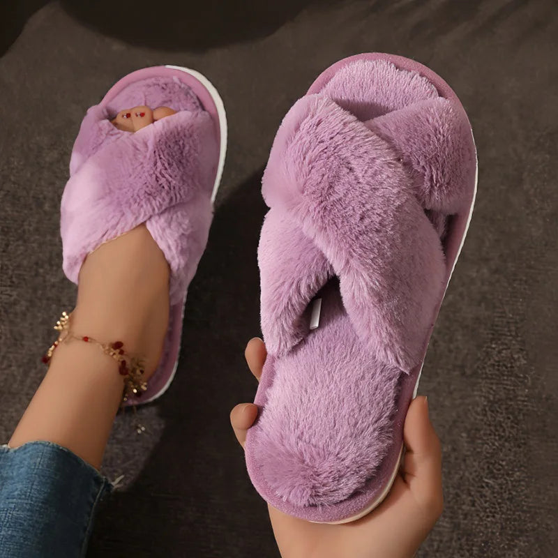 Cross Strap Fur Slippers