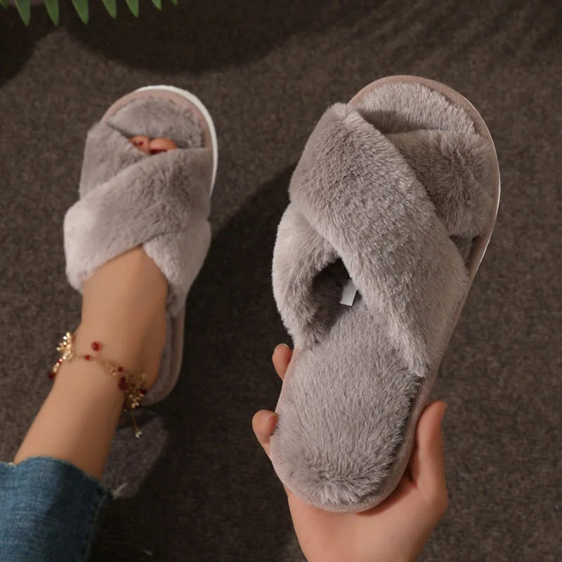 Cross Strap Fur Slippers