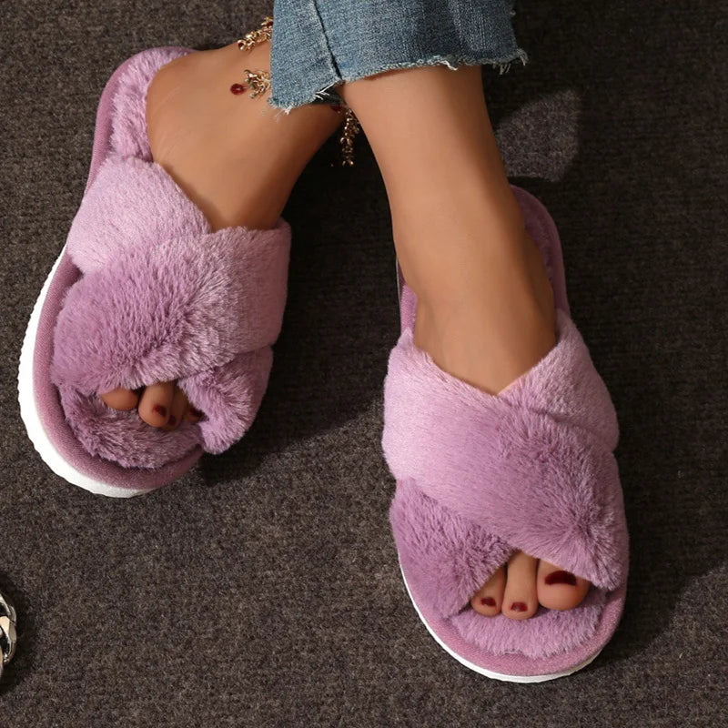 Cross Strap Fur Slippers