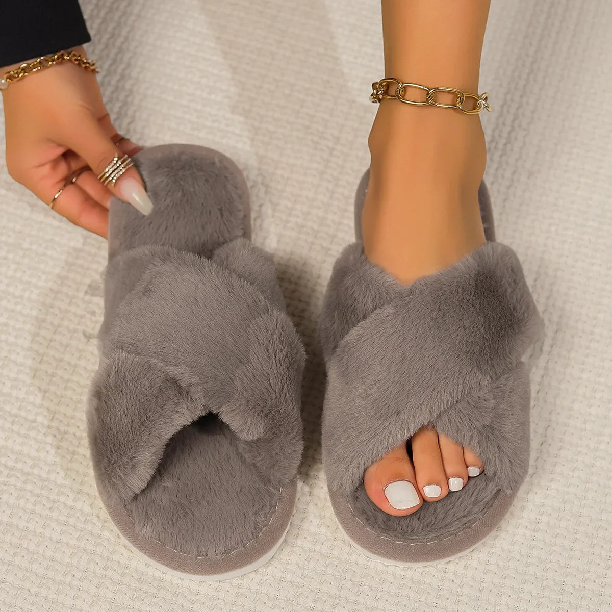 Cross Strap Fluffy Slippers