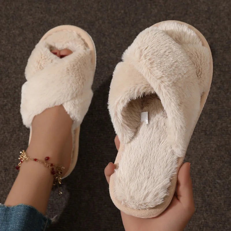 Cross Strap Fur Slippers