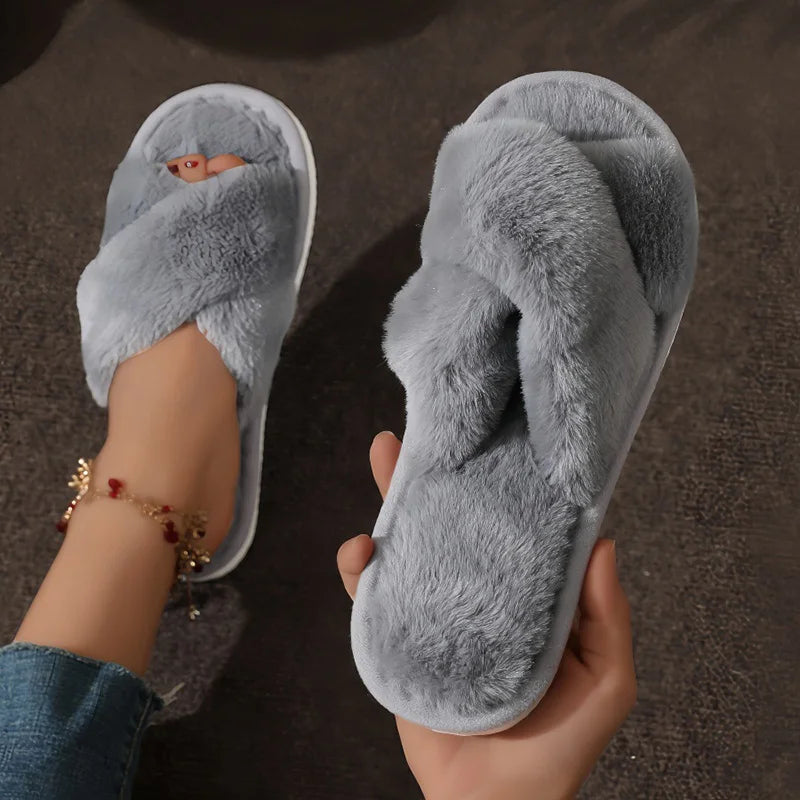 Cross Strap Fur Slippers