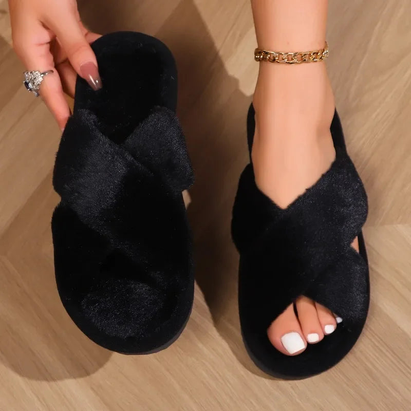 Cross Strap Fluffy Slippers