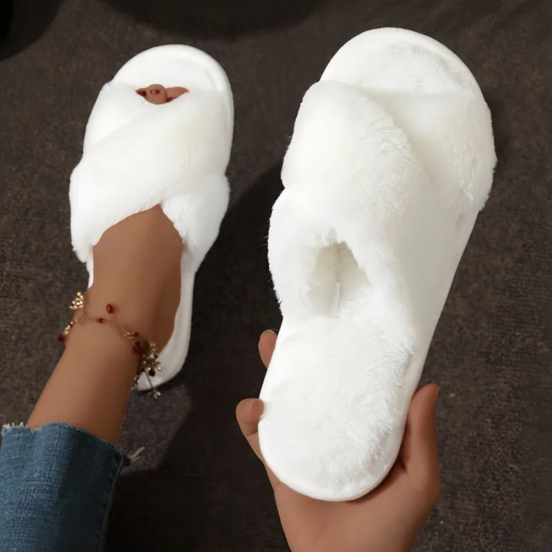 Cross Strap Fur Slippers