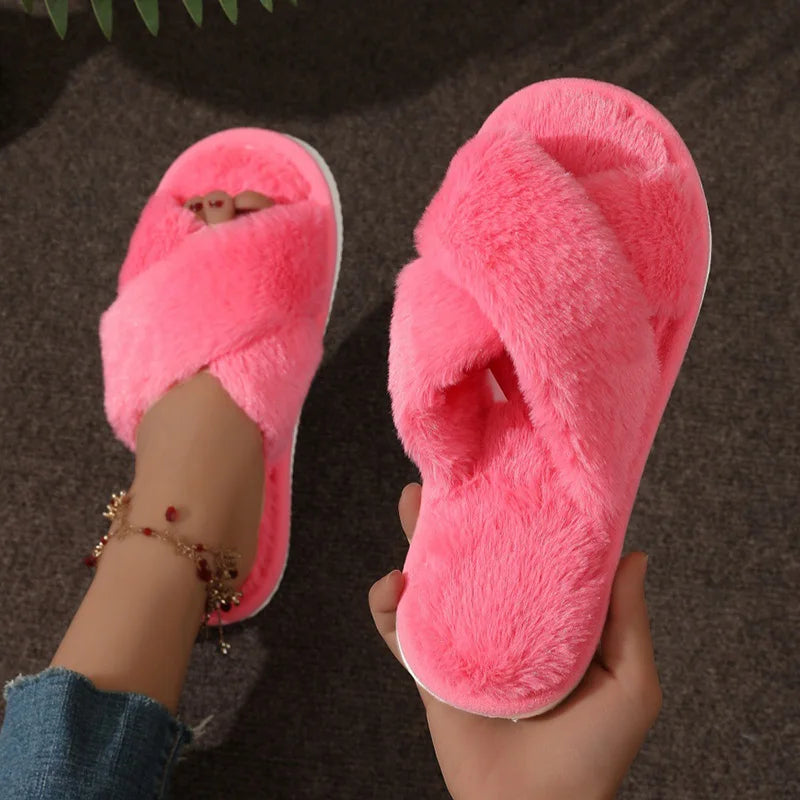 Cross Strap Fur Slippers