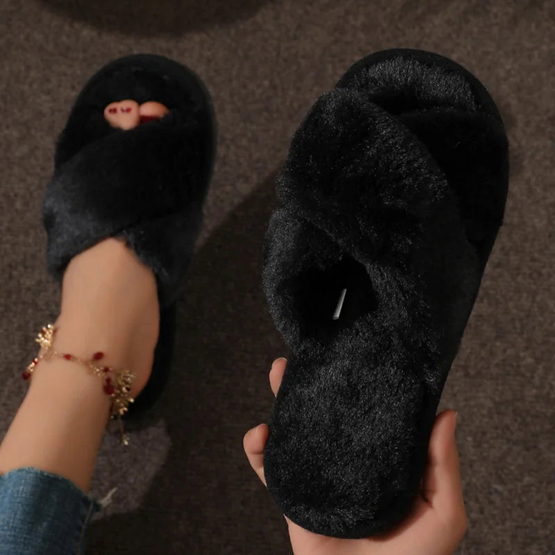 Cross Strap Fur Slippers